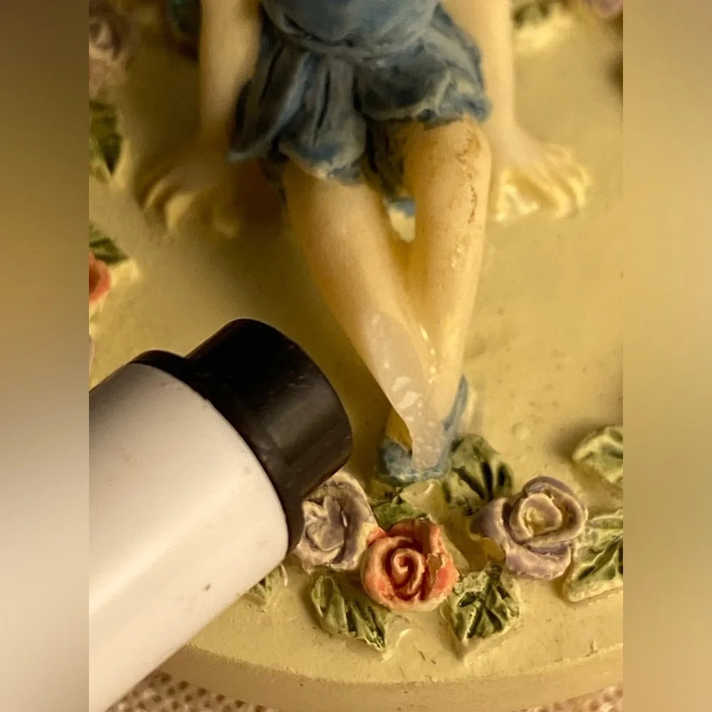 90s DEZINE vintage Tooth Fairy box boy pixie figurine floral trim round trinket